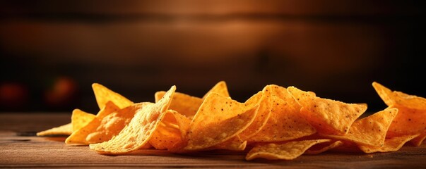 Wall Mural - A pile of doritos on the wooden table, dark background. Generative AI.