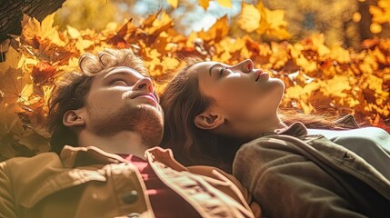 Wall Mural - a young couple lying in the fall leaves, looking up at each other people's eyes with their eyes closed