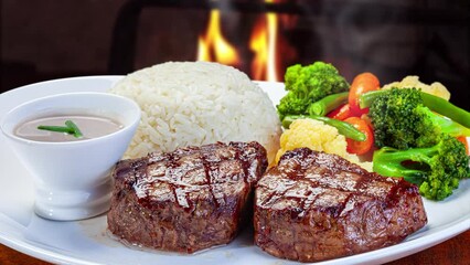 Canvas Print - grilled steak with rice and vegetables