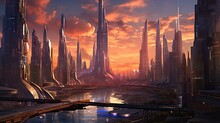 A Futuristic City With Skyscrapers In The Fore, And A River Running Through It At Sunset Time Stock Photo