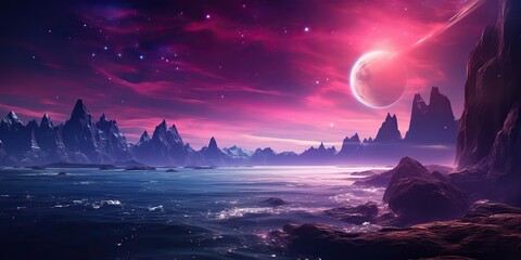 Wall Mural - AI Generated. AI Generative. Planer surface outdoor nature background with sea mountain landscape background. Sci fi future adventure explore travel.