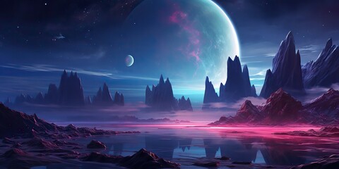 Wall Mural - AI Generated. AI Generative. Planer surface outdoor nature background with sea mountain landscape background. Sci fi future adventure explore travel.