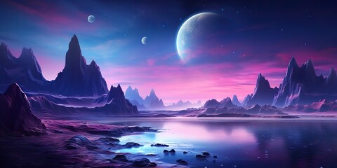 Wall Mural - AI Generated. AI Generative. Planer surface outdoor nature background with sea mountain landscape background. Sci fi future adventure explore travel.