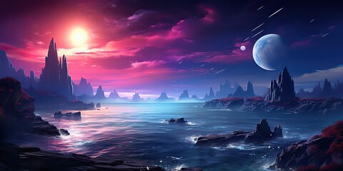 Wall Mural - AI Generated. AI Generative. Planer surface outdoor nature background with sea mountain landscape background. Sci fi future adventure explore travel.