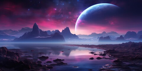 Wall Mural - AI Generated. AI Generative. Planer surface outdoor nature background with sea mountain landscape background. Sci fi future adventure explore travel.