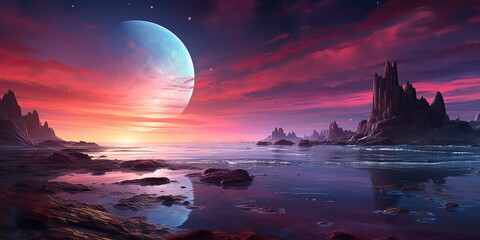Wall Mural - AI Generated. AI Generative. Planer surface outdoor nature background with sea mountain landscape background. Sci fi future adventure explore travel.