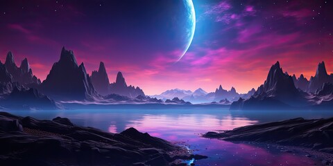 Wall Mural - AI Generated. AI Generative. Planer surface outdoor nature background with sea mountain landscape background. Sci fi future adventure explore travel.
