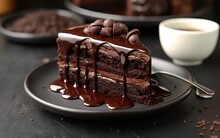 Delicious Chocolate Cake On Black Plate On Black Table Background