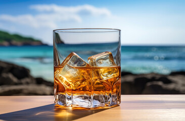 Canvas Print - glass of whiskey on a table on a tropical island against the backdrop of ocean waves 