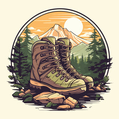 Wall Mural - vintage retro hiking boots in pine forest mountain logo badge vector illustration