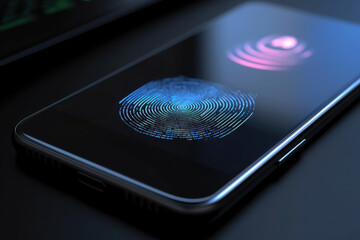 Poster - A black smartphone with a large screen and a blue fingerprint scanner on the screen on a black surface with a reflection and a computer monitor in the background
