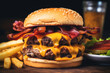 A bacon cheeseburger with fries and a drink on a wooden table. The burger has two beef patties with melted cheese and bacon on top. The bun is sesame seed