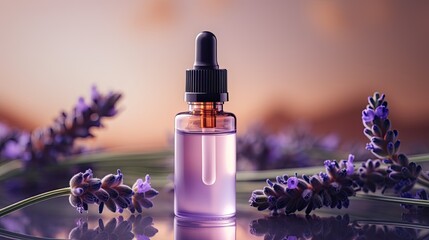 Bottle dropper mockup. A glass bottle with aromatic oil or serum with flowers near. Skin care essential oil bottle with dropper product mockup.