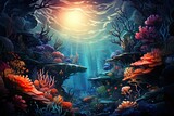 Fototapeta Do akwarium - Abstract illustration of deep sea river and light decorated with diverse and beautiful flora