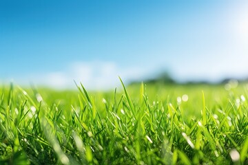Selective focus on green lawn blue sky background
