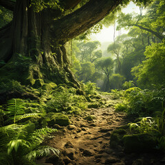 Wall Mural - Tranquil Green Forest Peaceful Nature Scene with Lush Foliage and Sunlight