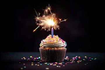 Wall Mural - Tasty cupcake with sparkler on dark table