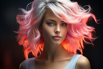 Wall Mural - Portrait of a beautiful girl with rainbow neon hair style on black background. Generative AI