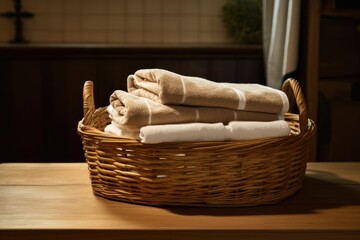 Canvas Print - There are clean towels placed on a table inside a basket