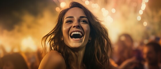 Wall Mural - portrait Beautiful girl enjoying on music open air festival with group of millennials dancing with joy and excitement at a lively music festival on fireworks light background, Generative AI