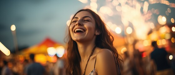 Wall Mural - portrait Beautiful girl enjoying on music open air festival with group of millennials dancing with joy and excitement at a lively music festival on fireworks light background, Generative AI