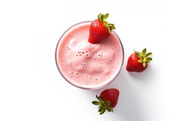 Sticker - Top view of a glass containing a refreshing strawberry milkshake or smoothie, standing alone against a white background.