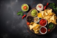 Top View Of Mexican Nachos Chips With Multiple Sauces Guacamole Salsa Cheese And Sour Cream Displayed On A Stone Table With Copy Space