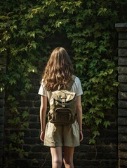 Wall Mural - a woman walking in the woods with her back to the camera, wearing a backpack and carrying a small bag