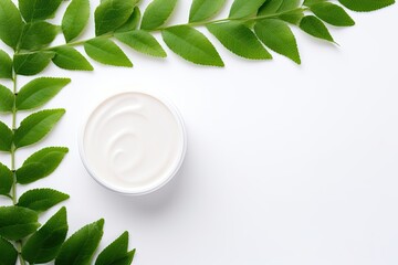 Poster - White background with white cosmetic products and green leaves, representing the concept of branding mock-up for natural beauty products.