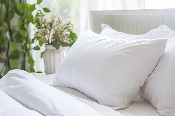 Wall Mural - White pillow on bed in bedroom closeup