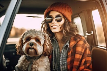 Wall Mural - a woman and her dog sitting in the back seat of a car looking out the window while they are wearing sunglasses