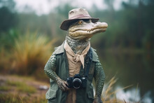 Portrait Of Happy Crocodile Wearing Travel Clothes On Vacation
