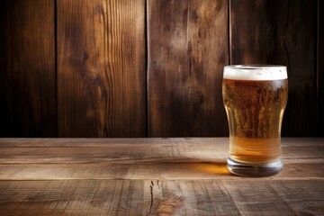 Poster - A glass of beer placed on a weathered wooden surface.