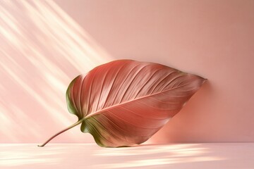 Poster - A large leaf from a tropical plant stands alone on a soft pink backdrop, with sunlight casting graceful shadows