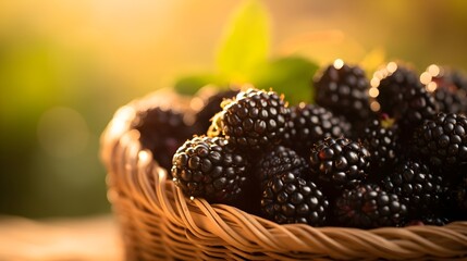 Wall Mural - Close up blackberries in a basket. Organic blurred summer background with sunlight and copy space.