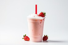 A Strawberry And Cream Flavored Drink, Such As A Frappuccino, Latte, Or Milkshake, Served In A To-go Cup Against A White Backdrop.