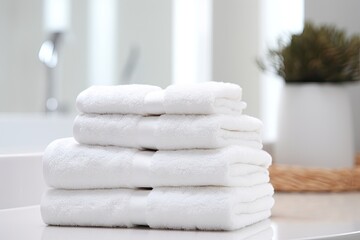 Wall Mural - A zoomed in image showcasing a pile of pristine white towels placed in a bathroom set against a plain white backdrop