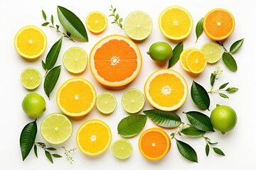Wall Mural - Arrangement of assorted citrus fruits displayed on a white background in a flat lay style.