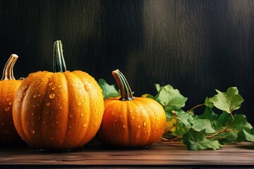 Sticker - Autumn and Halloween inspired banner with pumpkins on a dark background representing harvest