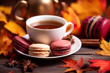 Canvas Print - Autumn colored French macarons with hot tea Halloween dessert Thanksgiving menu Decorative pumpkins fall leaves and acorns White wooden boards background close