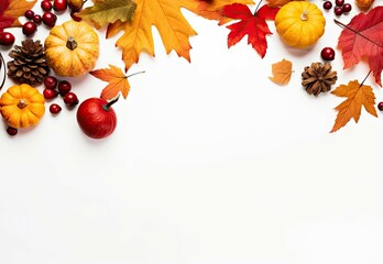 Sticker - Autumn composition with leaves pumpkins flowers and berries on a white background Concept of autumn fall Halloween and Thanksgiving Flat lay top view with copy