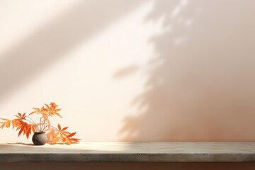 Wall Mural - Autumn studio room with blank wall shadow leaves and sun light from window Abstract orange pattern cement mockup empty table with white effect reflectio