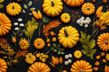 Sticker - Autumn themed flat lay featuring pumpkins leaves and flowers