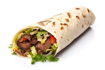 Poster - Beef kebab on a tortilla white background