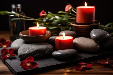 Poster - Burning candles are placed alongside prepared hot massage stones on the table.