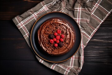 Wall Mural - chocolate cake with napkin on dark background