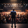© PixelHD - Behind view of a businessman or motivational speaker talking to a large room of people. A business and public speaking concept at a seminar. Generative ai.