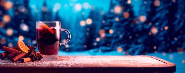 A glass of mulled red wine with cinnamon on old rustic wooden plank against blue background with winter landscape	
