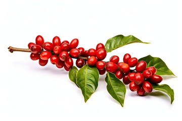 Wall Mural - Coffee tree branch with red coffee beans and ripe berries isolated on white background