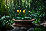 Fototapeta Tulipany - cubic green stone podium background with tulip in the tropical forest hyperrealistic materials